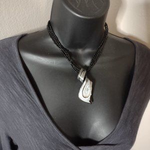 18 Inch Layered Black Bead And Glass Pendant Necklace